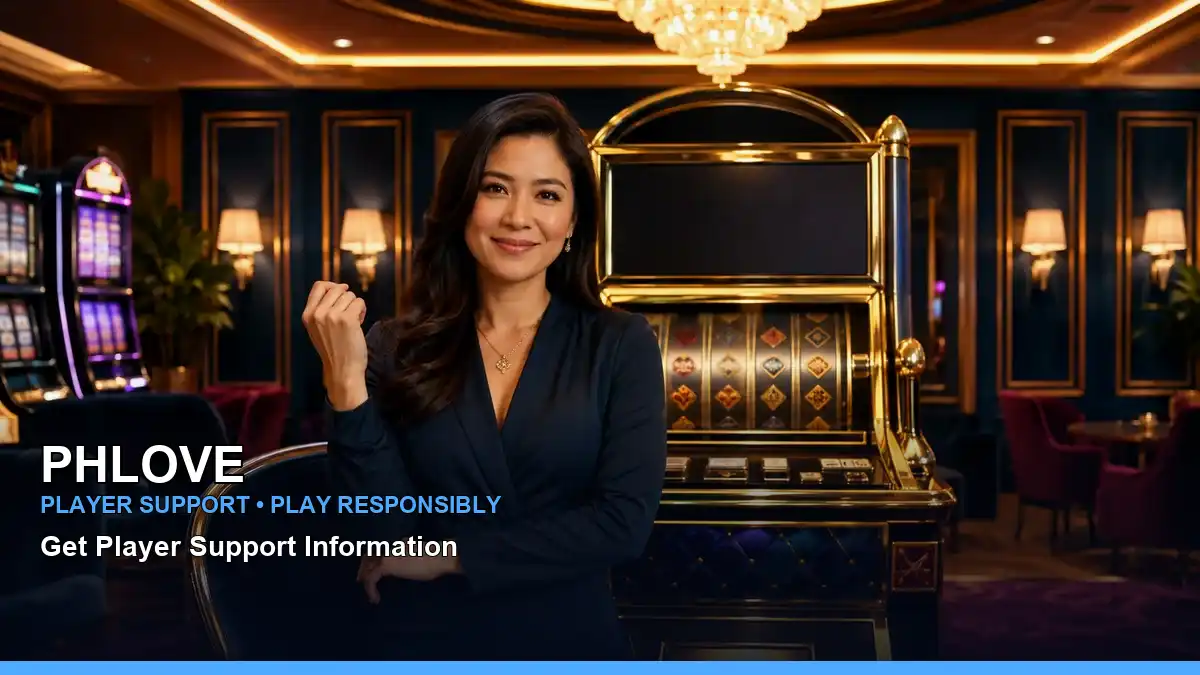 PHLOVE responsible play guidance with an adult Filipina gaming host in a dynamic composition